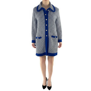 Sweater Bee Vintage Womens Navy White Checkered Knit Cardigan Jacket Size SMALL